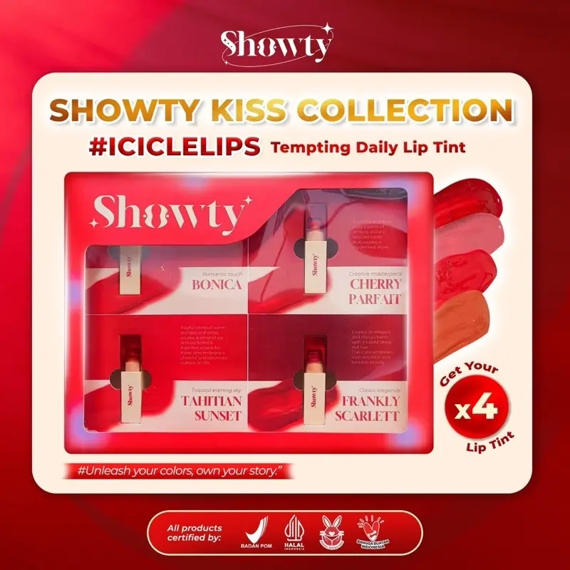 SHOWTY KISS COLLECTION  Daily Lip Tint | Combo 4 Shade | Tahan 12 Jam di Bibir Kering Long Lasting | Lipstick