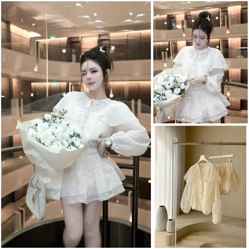 [ Hàng Có sẵn ]  Sét Bộ Áo Tơ Bèo Mix Cổ Bản To Viền Ren Kèm Chân Váy Xoè Dễ Thương