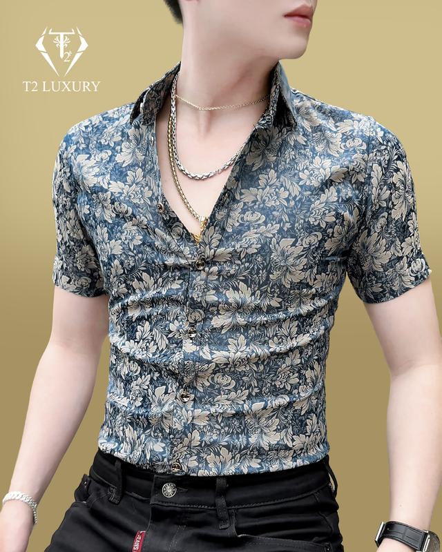 Áo Sơ Mi Nam Ngắn Tay Vải Gấm Hoa Văn Nổi Sang Trọng Mát Lạnh quý tộc Menswear