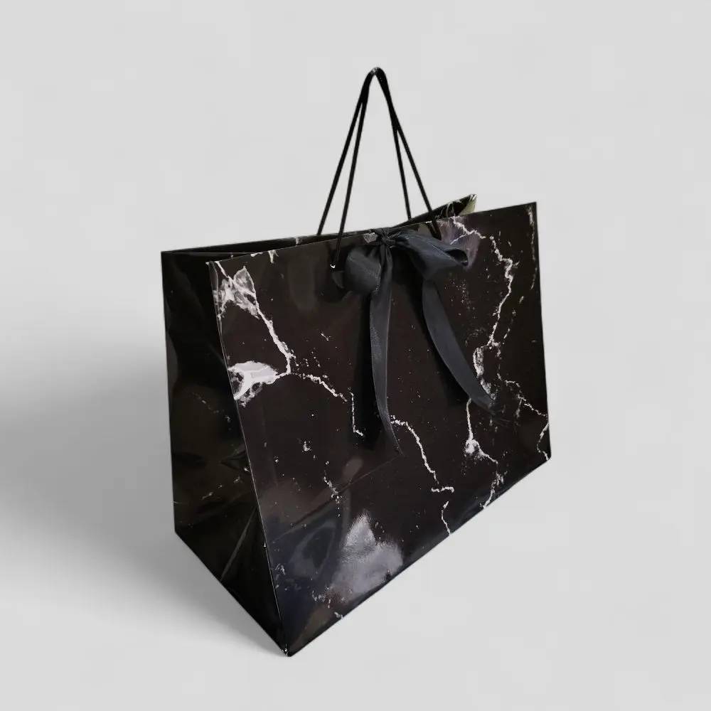 Paperbag Marble Classic Hitam Pita  32,5x16x25 Hampers Kado