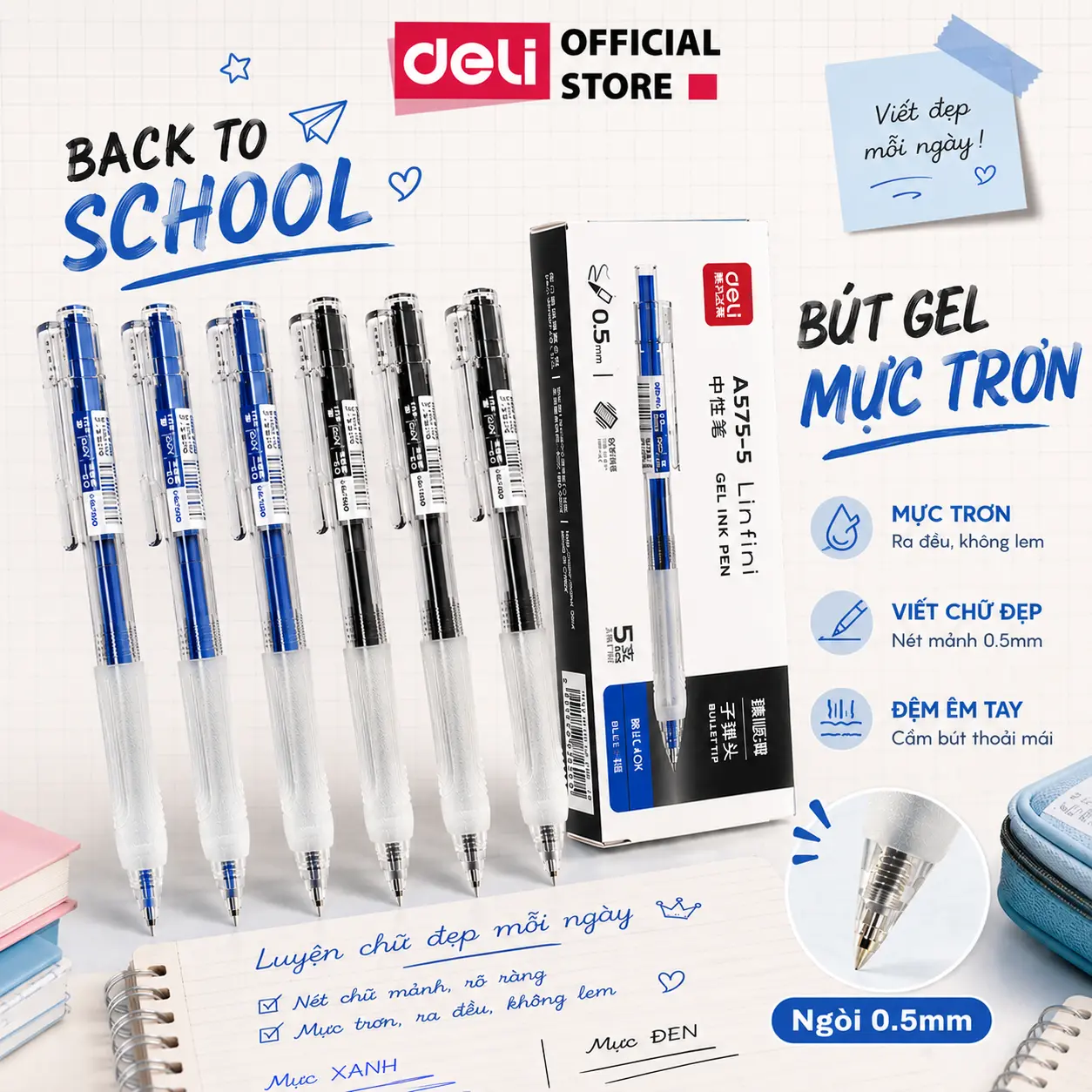 [2M LƯỢT BÁN] Bút gel Deli A575 mực xanh, đen 0.5mm cho văn phòng và học sinh - Mực nhiều, viết trơn mượt, phù hợp để luyện chữ, học tiếng Trung, Hàn, Nhật