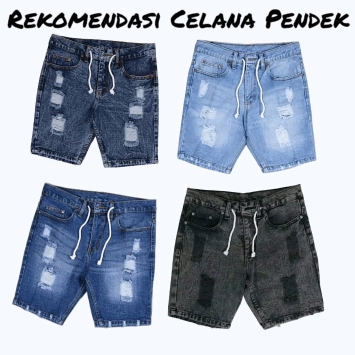 Celana Pendek Jeans Sobek Pria Dewasa Elegan Terbaru  Distro Denim Nyaman Fit Tebal Cowok Tali Panjang Ripped Slim Hitam 1