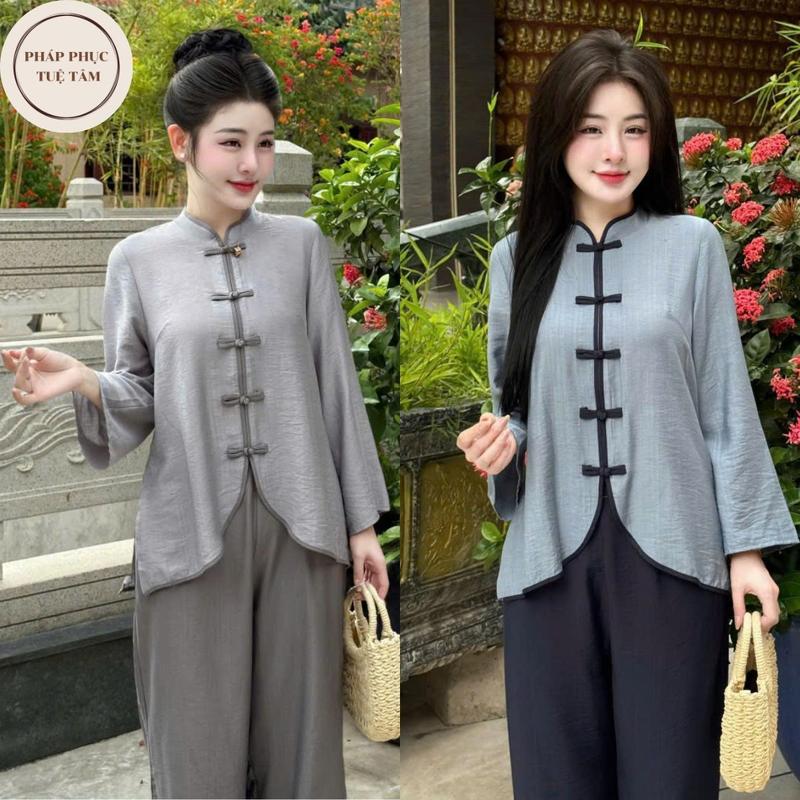 Pháp phục cách tân cho nữ cổ tàu chất liệu đũi tơ mềm mát Đồ lam dài tay khuy tết vạt chéo quần ống xẻ trang nhã