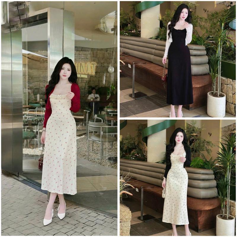 Sét váy đầm nữ chất thun tăm họa tiết hoa nhí kèm khoác tay dài xinh xắn