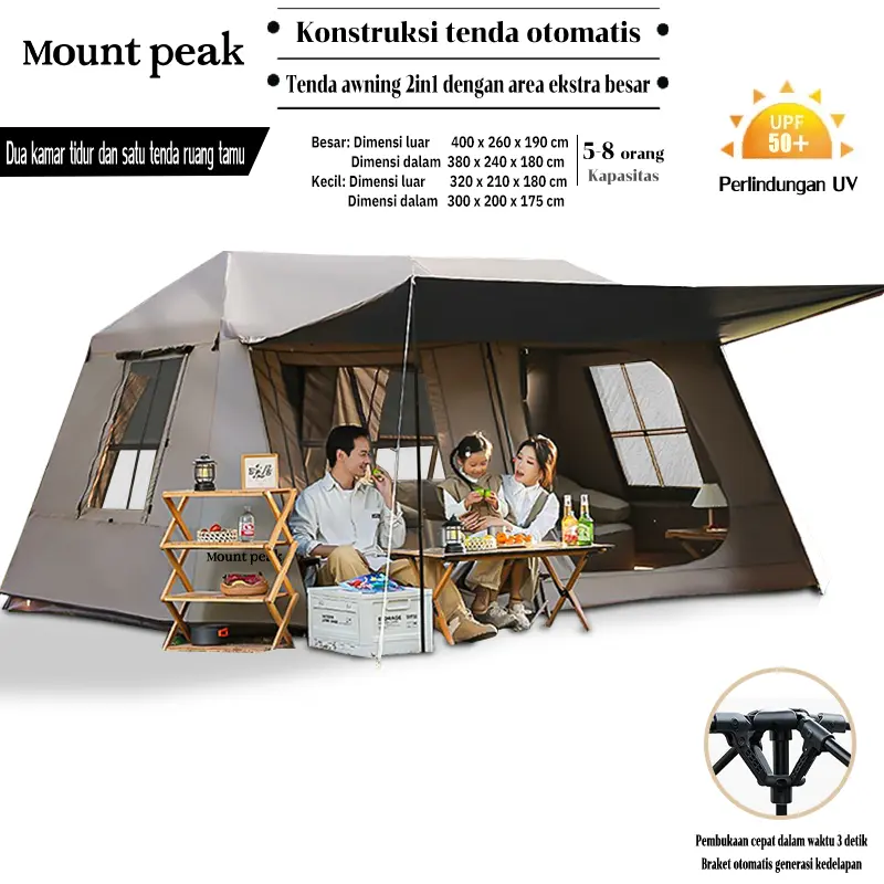 MountpeakTenda Auto Open Atap + Kanopi 2-in-1, Anti UV & Anti Hujan Lebat, Nyaman untuk Camping Outd