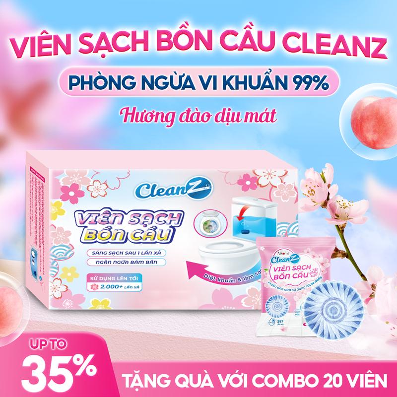 Combo 20 Viên Sạch Bồn Cầu CLEANZ khử mùi diệt vi khuẩn toilet thế hệ mới hương đào làm sạch khuẩn thơm mát làm sạch mảng bám 50g/gói