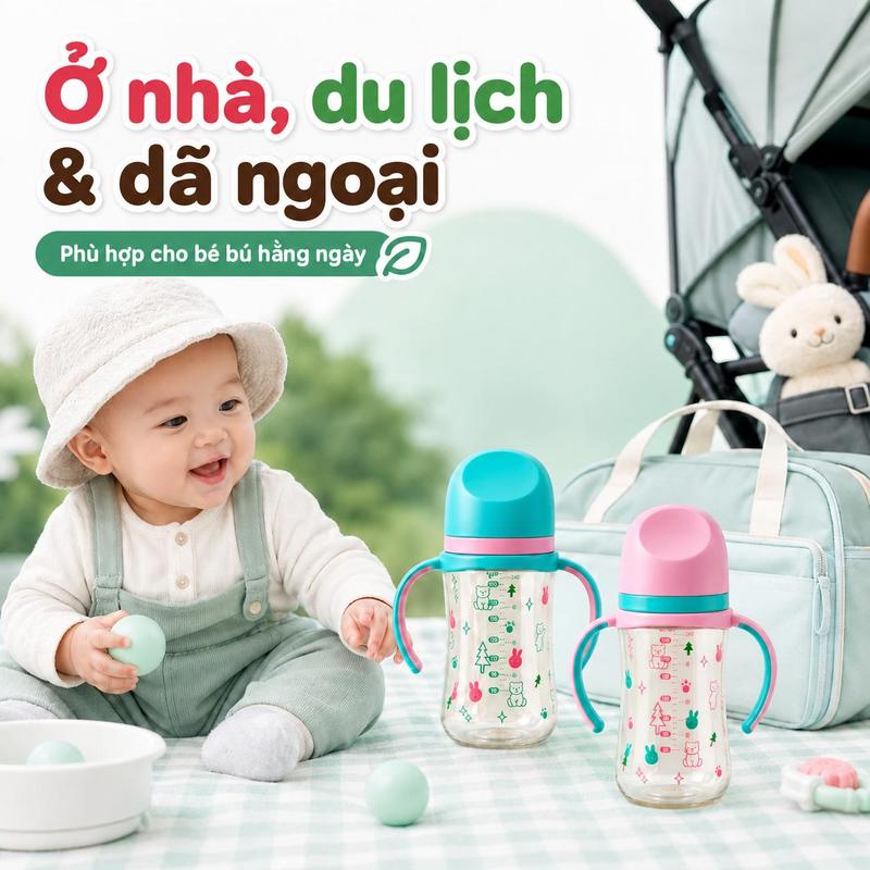 Bình Sữa Cho Bé 240ml Tay Cầm Đôi Chất Liệu PP An Toàn Không BPA Cho Trẻ 0-36 Tháng