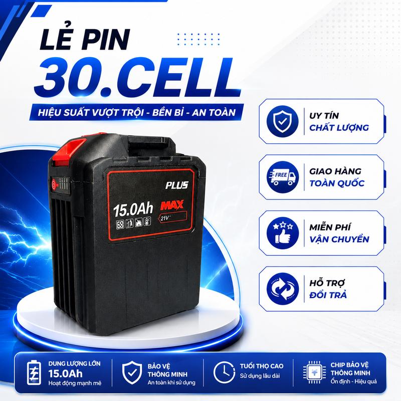 - Pin 30 Cell Dung Lượng Cao 21V – Chân Pin Phổ Thông 4cm, Tích Hợp Đèn Báo Pin