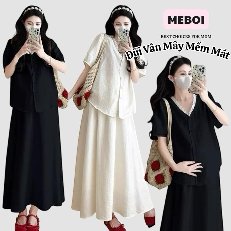 Set đầm bầu xinh thiết kế chân váy dáng dài kèm áo cộc vải Đũi Vân Mây mềm mát dáng xoè tiểu thư xinh xắn S01