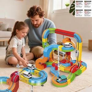 88ピース 電動レールカーセット、3D反重力曲げられるレール、360度サスペンション、STEM組み立ておもちゃ、年齢3歳以上向けの楽しい知育ギフト