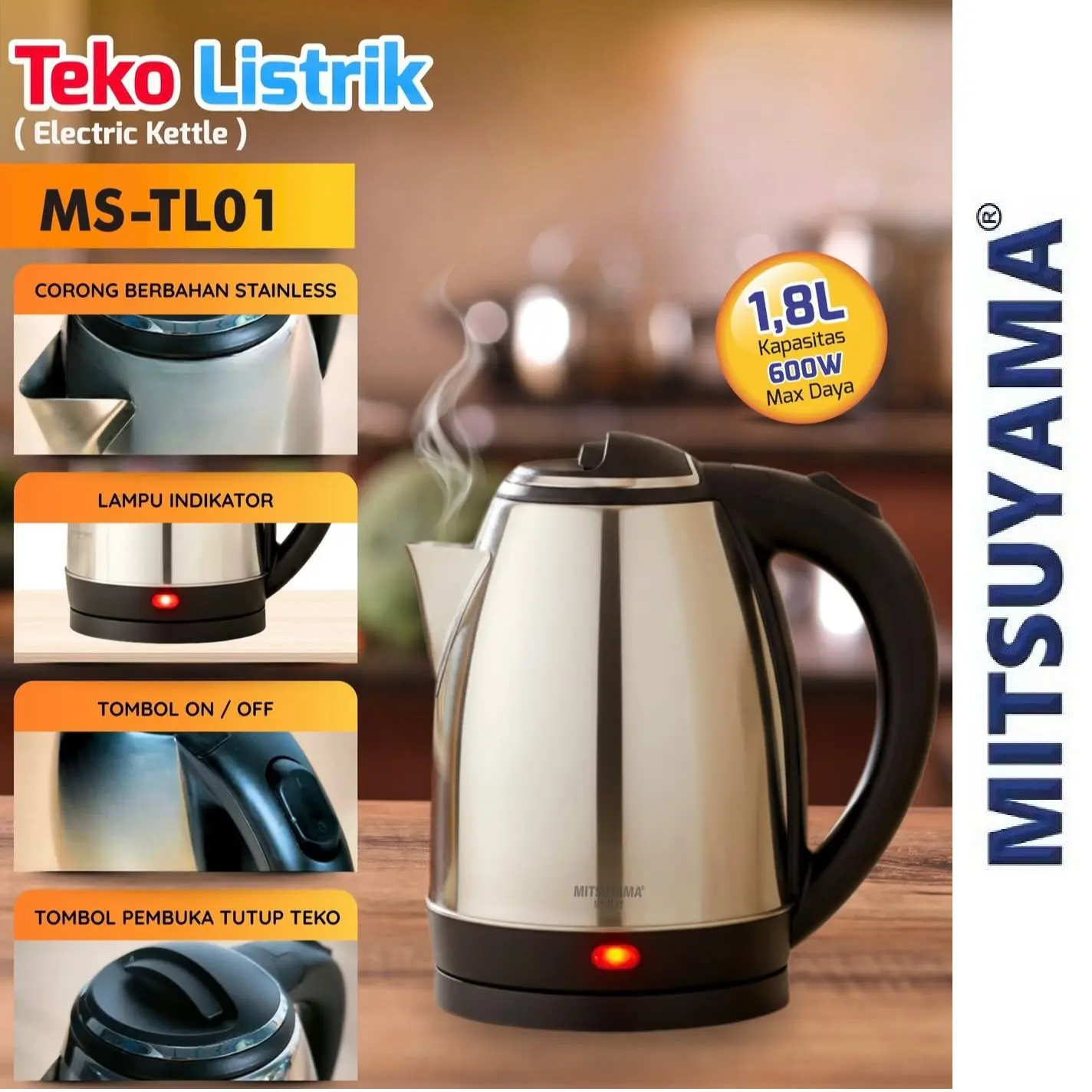 Teko Listrik 1.8L Teko Pemanas Air Mitsuyama MS-TL01 Electric Kettle