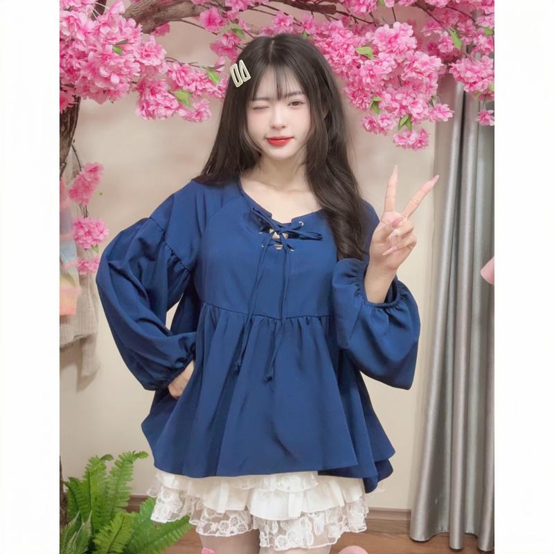 Áo sơ mi kiểu nữ SM413 chất đũi lì dáng babydoll họa tiết đan dây cách điệu tiểu thư form rộng tay bồng cách điệu Hàn Quốc Kozoda