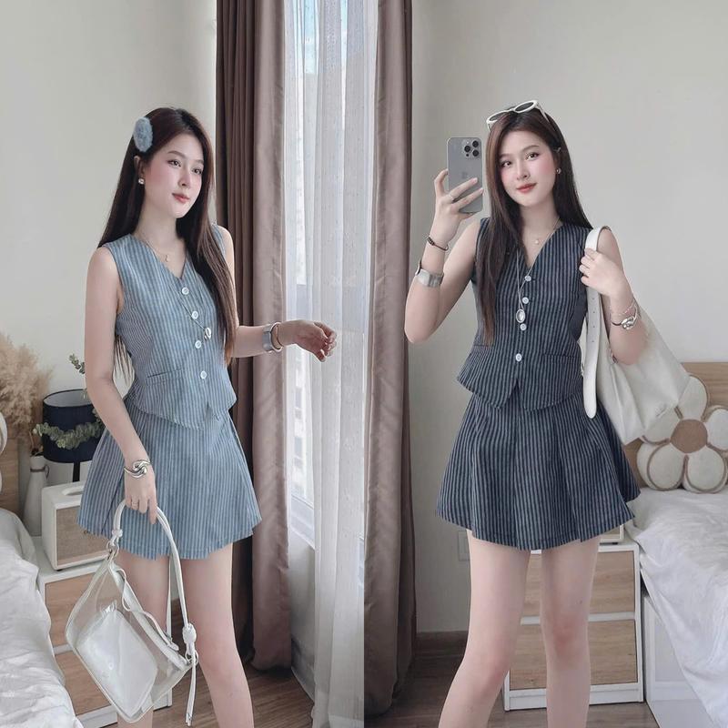 Set Váy Áo Gile Cổ V Kẻ Xanh Kẻ Đen Chân Váy Xếp Li kèm Quần Trong Dress Top Nữ TTN145