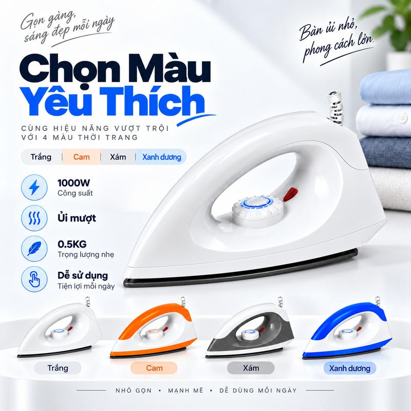 Bàn ủi điện 1000W, mặt đế chống dính Teflon, làm nóng nhanh, siêu nhẹ chỉ 0,5kg, dễ dàng ủi quần áo.
