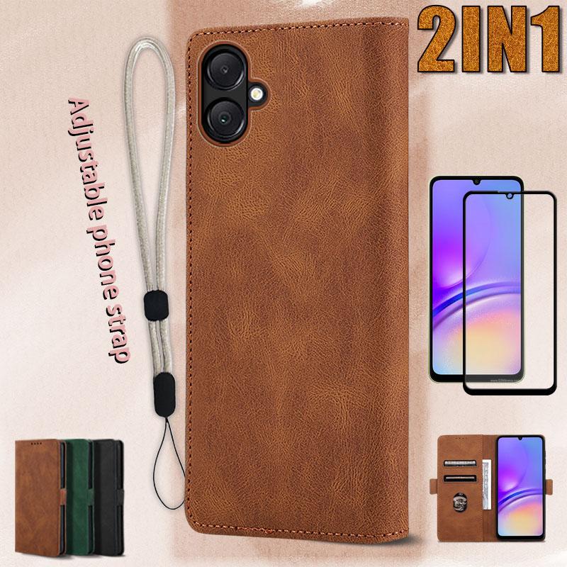 Bao da lật 2 trong 1 Dành Cho Samsung A05 ví khe cắm thẻ vỏ có nắp bảo vệ màn hình bằng gốm và dây buộc điện thoại có thể điều chỉnh
