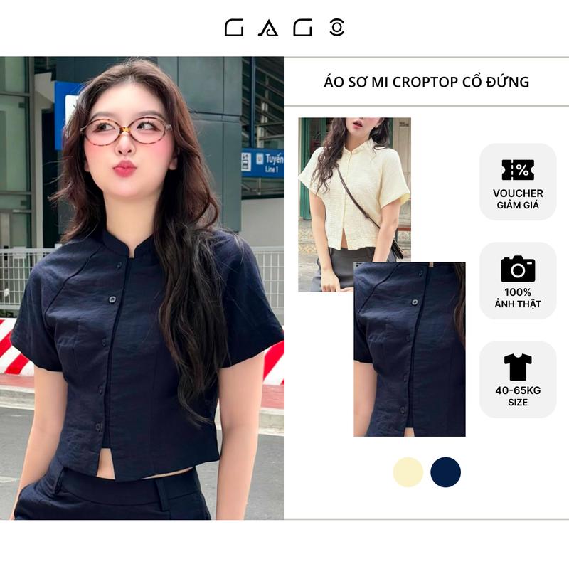 Áo Sơ Mi Croptop GAGO Brand Tay Ngắn Cổ Đứng Phong Cách Nữ Sinh Vải Đũi Vân May Cô Nàng Văn Phòng Sành Điệu Hot Trend 2025