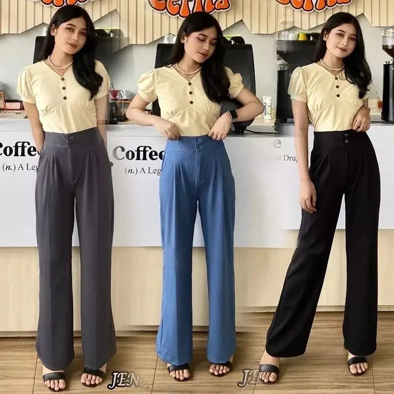 ￼Jennie Knit Pants Celana Kulot Highwaist Knit Kancing Wanita Panjang 3