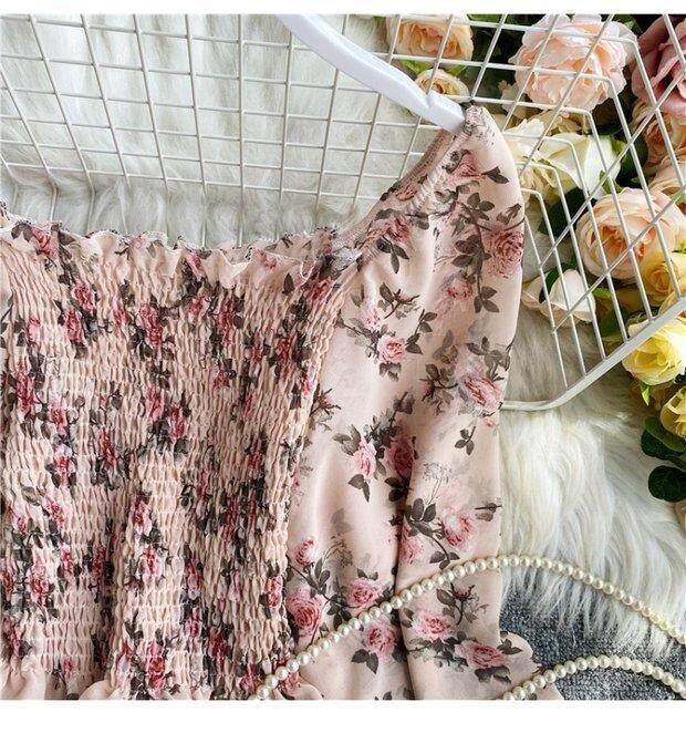 Product Introduction of Retro Floral Crop Top for Women Long Sleeve High-waisted Short Blouse Off-shoulder Shirt 21