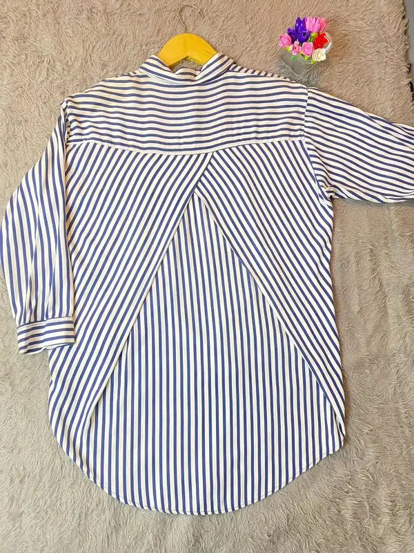 Kemeja Blouse Rayon Salur Stripe Wanita Oversize Silang Belakang Baju Atasan Nyaman viral korean outfit 7