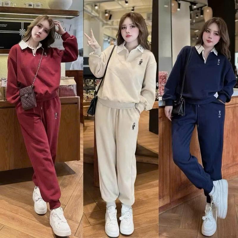    QIHO   Bộ Quần Áo Nỉ Nữ Cổ Sơ Mi  Thêu Quần Bo Gấu By Qiho 