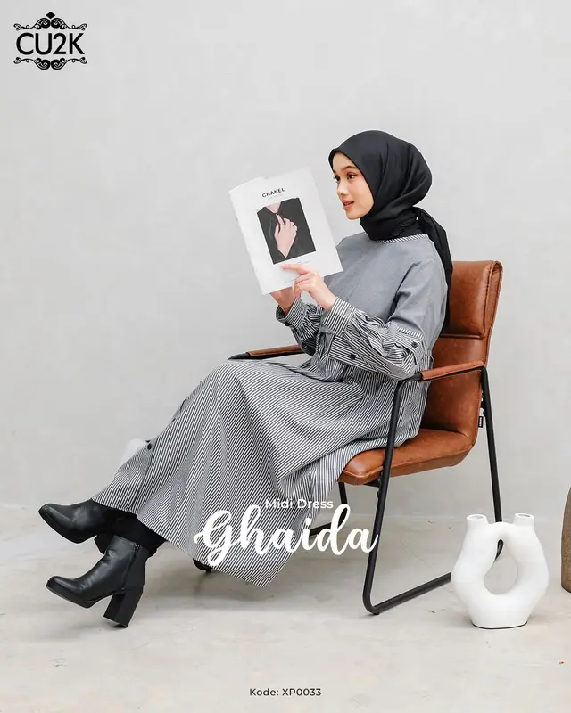 CU2K Midi Dress Katun Ghaida Viral Midi Katun Motif Garis Muslim Nyaman Simple 4