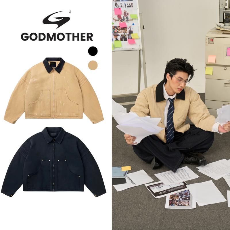   NEW COLLECTION  Áo Jacket Boxy GODMOTHER Áo Khoác Thu Đông Có Cổ Khoá Kéo Đen Kaki Có Túi Hàn Quốc 