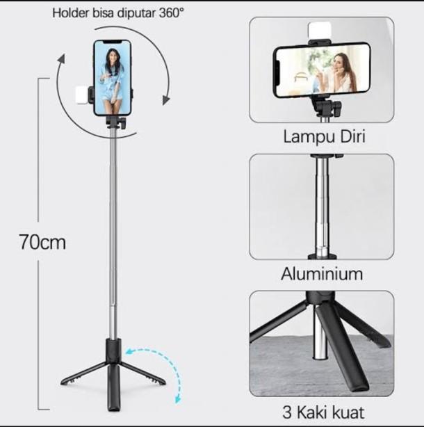 Selfie Tripod Tongsis Multifungsi 4 in 1 Dengan Lampu LED Remote Bluetooth untuk Semua Smartphone Handphone Holder Wireless Stainless Aksesoris Foto Selfie Putih light murah tongkat hp