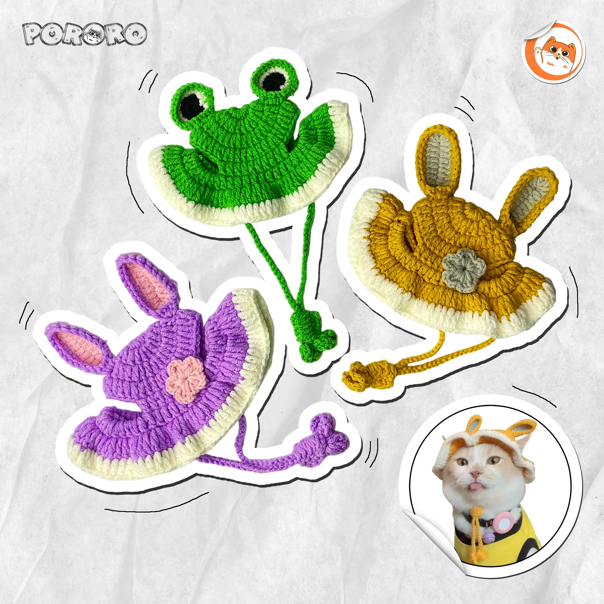 PORORO - Topi Kucing Topi Rajut  Handmade Bentuk Karakter v2