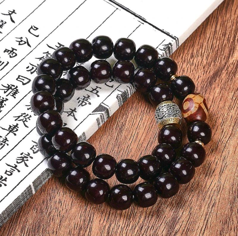 B19 – Hắc Bồ Đề + Đá Dzi Tây Tạng 11mm - Chuỗi vòng Hạt Bồ Đề Phong Hóa tự nhiên đeo tay lần hạt
