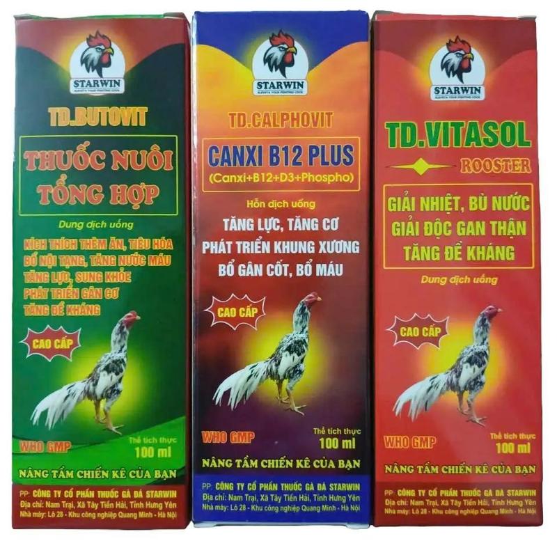 Bộ 3 sản phẩm THUỐC NUÔI TỔNG HỢP+CANXI B12 PLUS+TD.VITASOL ROOSTER mỗi chai 100 ml cho gà chọi gà đá