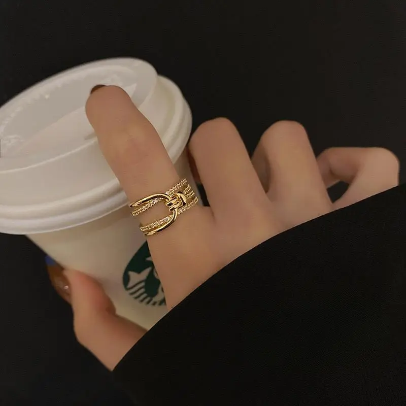 Cincin Jari Telunjuk Zirkonia Bertatahkan Emas Cincin Wanita Logam Multi Lapisan Terbuka Aksesoris Rings Berlian Y618 0