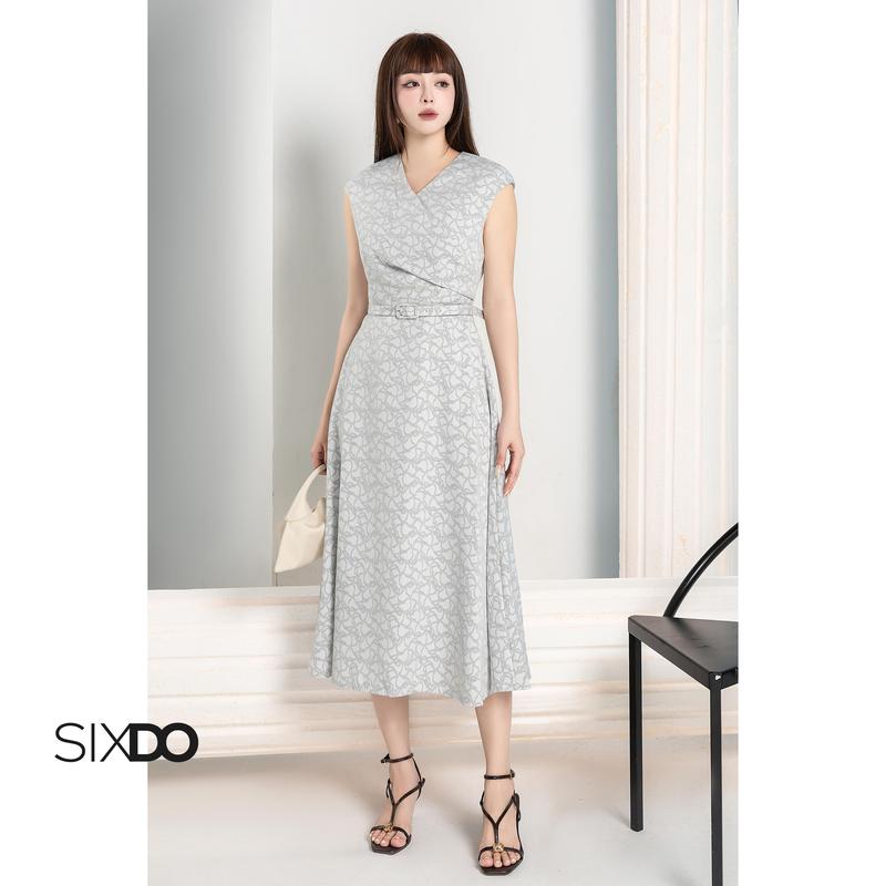  Đầm midi woven cổ V không tay phối đai eo SIXDO  Off White Woven Midi Dress  