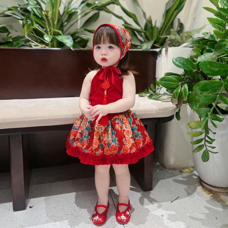 Sét Áo Yếm Đỏ Chân Váy Hoa Mẫu Đơn Kèm Khăn 4-15 Kg,Bộ Yếm Cho Bé Gái Trung Thu Lễ Tết