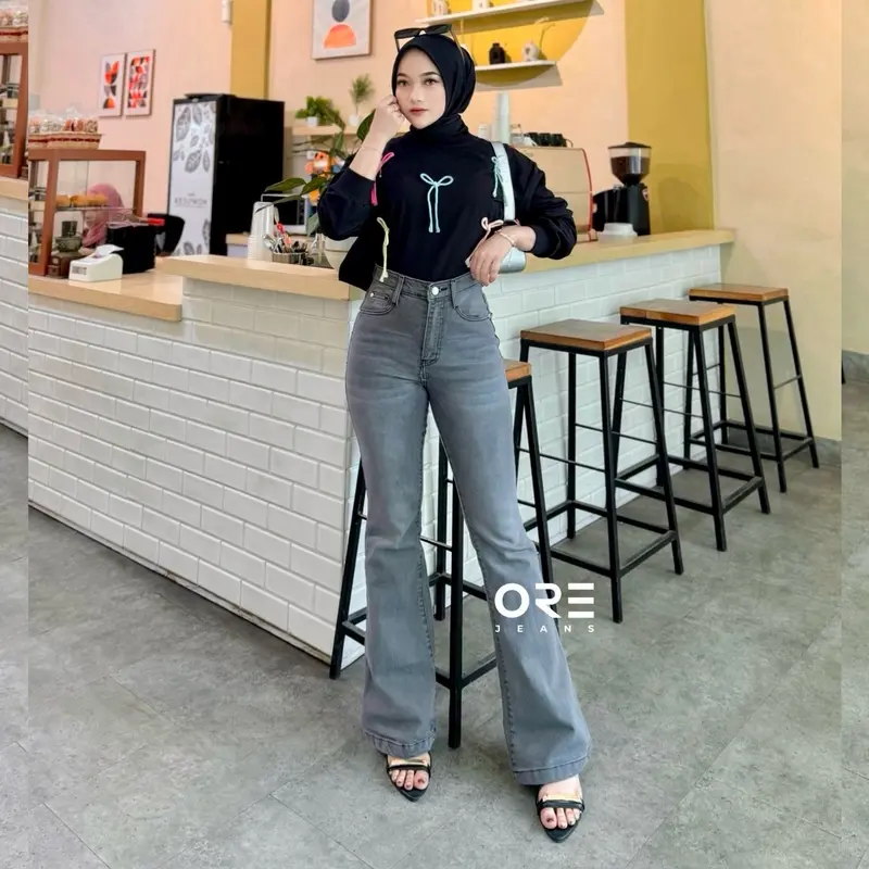 ORE - CZ 930 Size 27-34 - Highwaist Strecht Cutbray Jeans Vintage Black Washed Slim-fitting Celana Kaki 1