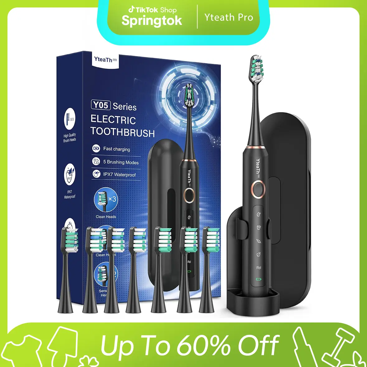 YTEATH PRO Electric Toothbrush for Adults, 8 Brush Heads, 5 Modes, Smart Timer, Quick 3.5 -Hour Charge for 90 Days of Use, USB Rechargeable water resistant cleansing black