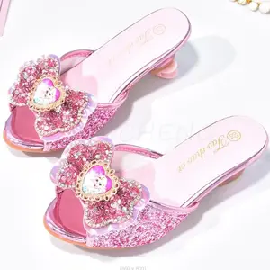 Hot Girls Summer Sandals Slipper Sequined Princesse Children High Heel Party Dress Frozen Elsa Shoes Leather Slipper Kids Slides
