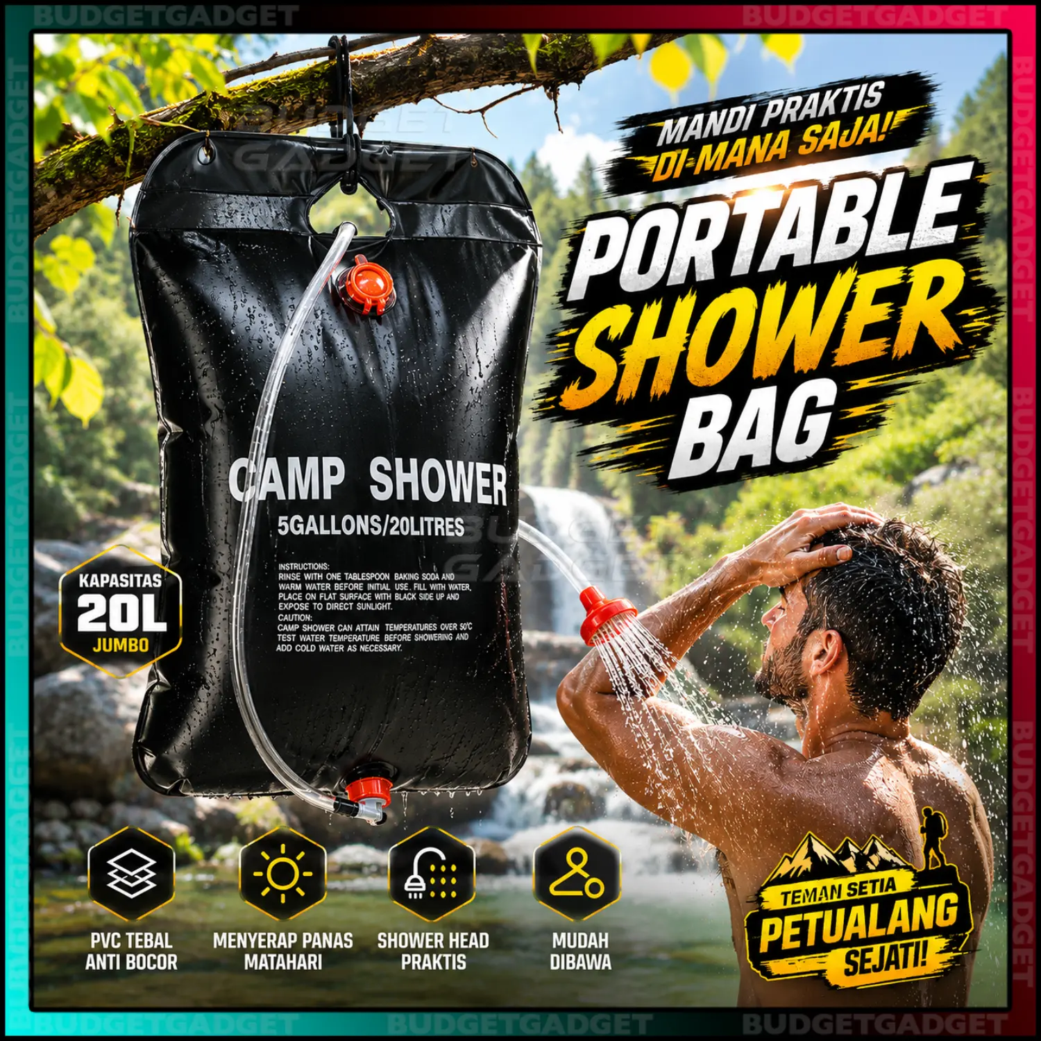 Kantong Air Mandi Camp Shower Bag 20 Liter Portable Kantung Mandi Camping Darurat dengan Shower Bahan PVC Tidak Mudah Bocor Kapasitas 20 L untuk Hiking & Camping