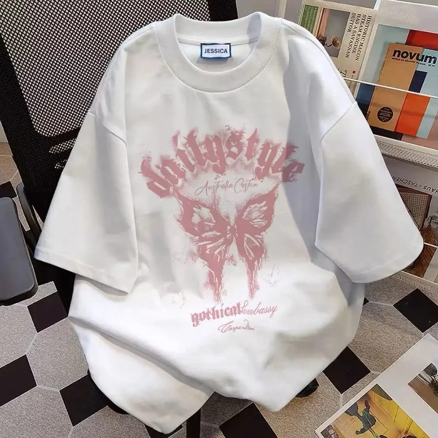 JOY FASHION Tshirt Lengan Pendek Baju Wanita Kaos Oversize Keren Motif Kupu Kupu Bahan 100% Cotton