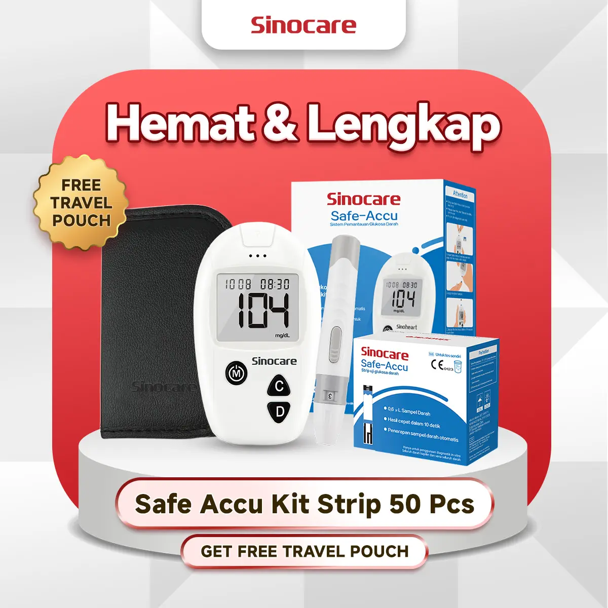 SAFE-ACCU Kit Alat Cek Gula Darah isi 50 Strip Sinoheart Sinocare Alat Pengukur Gula Darah Instant 50 stik gula alat tes diabetes