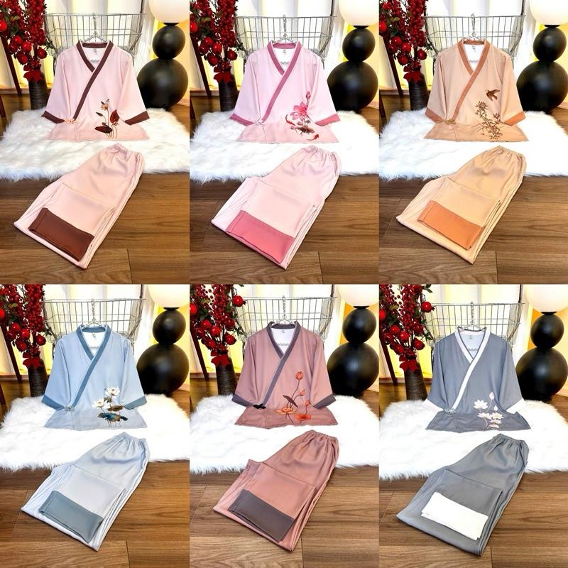 LỤA MANGO LAM (45-85kg) Pháp Phục Lụa Mango thiết kế hoa sen phối nhiều màu sang trọng  Nữ Women Áo Ngủ Quần Ngủ