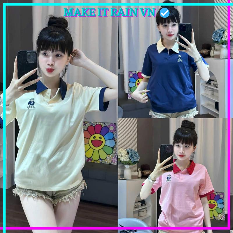 [MUA ÁO CÓ QUÀ] COMBO 3 ÁO Polo THÊU HÌNH GẤU Form Baby Tee Make It Rain, Form Nhỏ Áo có cổ bẻ Top Woman
