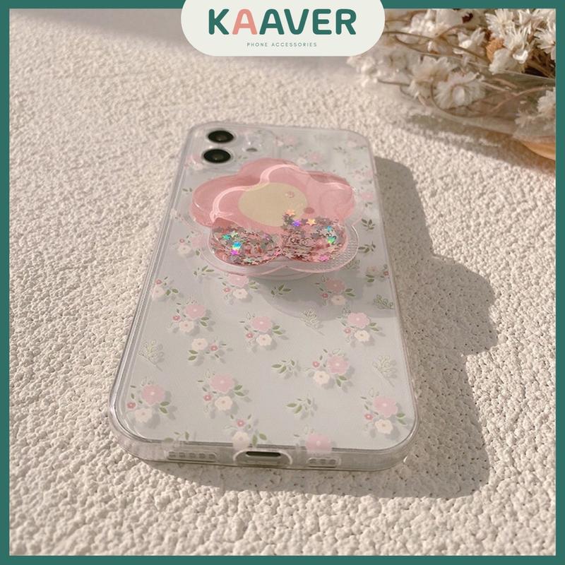 KAAVER - Pink Flower Popsocket TPU Case iPhone 7 8 SE X XS XR 11 12 13 Mini Pro Max Plus + 4