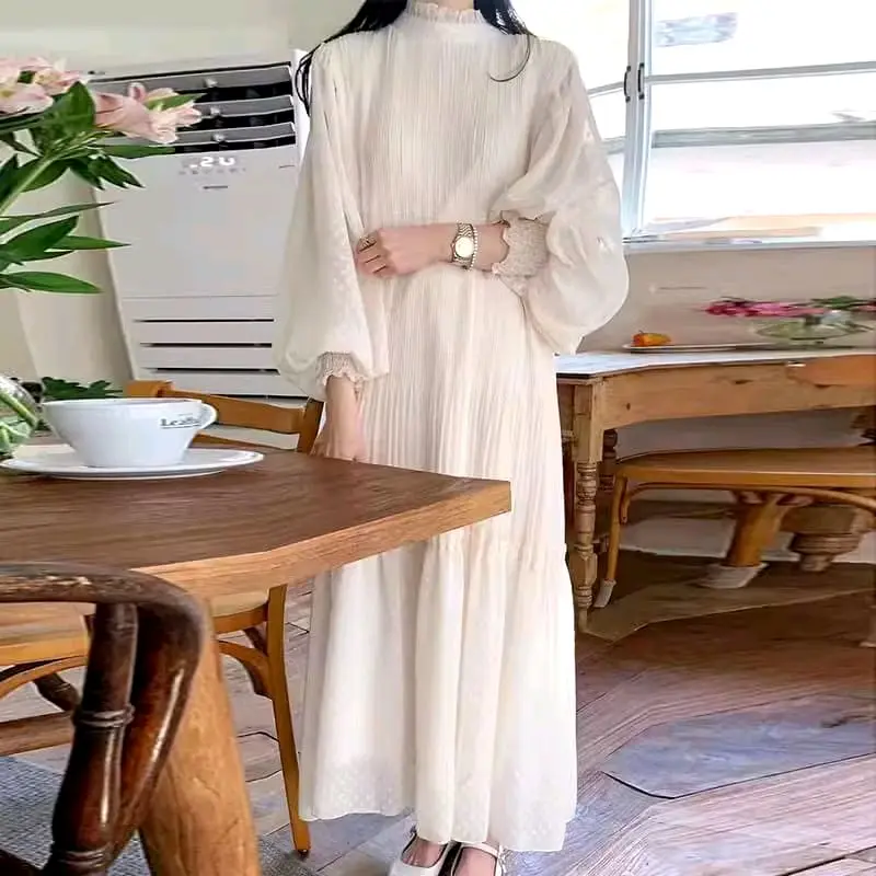 Long Dress/ Gaun Muslim Cream Simple Wanita Style Korea Big Size Gamis Maxi Pesta Fairy Collar Mewah M650