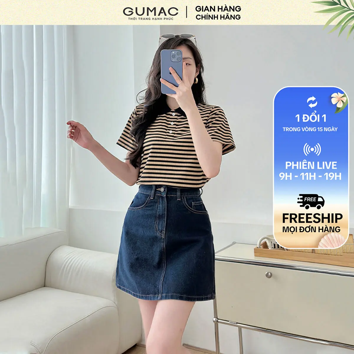 GUMAC - Áo polo sọc ngang ATC08054 Thun Sọc Kẻ Nữ Women Top