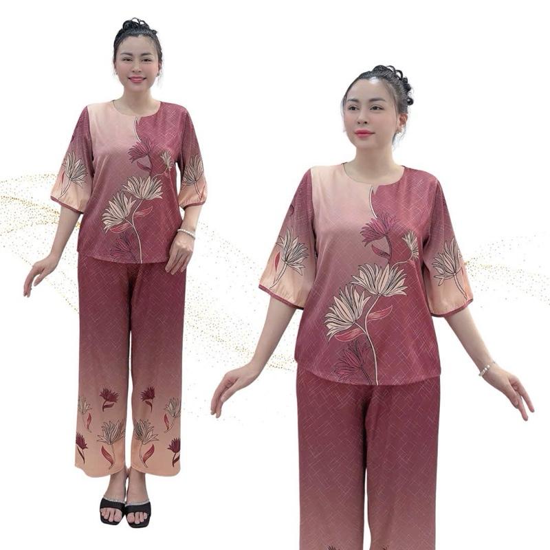  Y1 Đồ Bộ Trung Niên Lụa Latin Cao Cấp Quần Dài Thiết Kế Hoa Tulip Tinh Tế Sang Trọng Màu Sang Mặc Thoải Mái Cho Quý Cô Quần Dài Nữ Size M L XL 2XL 