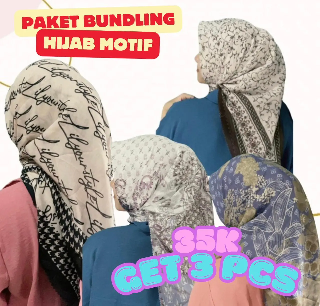 Paket bundling get 3 pcs Hijab Segi Empat Motif Bahan Voal Model Laser Cut