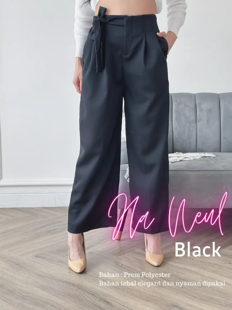 [Cammomile Pants Collection] Celana Highwaist  Ha neul Anti Nerawang Panjang Polyester Wanita Kulot Hitam Casual celana  kerja kulot Formal Loose