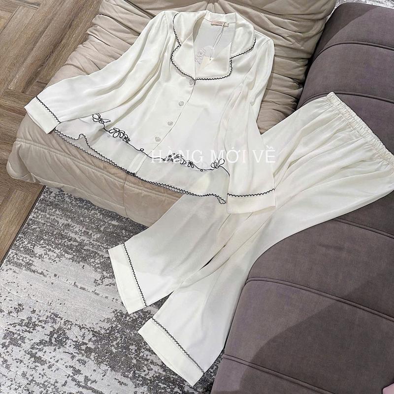  N427 - Pijama dài tay lụa vân gấm hoa thêu cho nữ hàng LYLY cao cấp - Bộ ngủ lụa mặc nhà hàng quảng châu cao cấp 