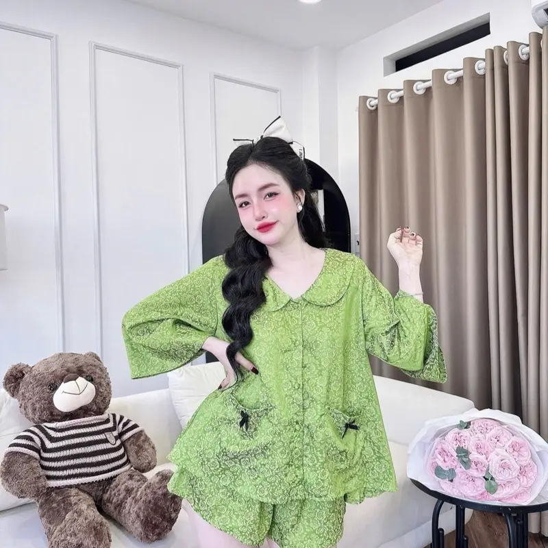 Set Bộ Đồ Ngủ Bộ Mặc Nhà Tiểu Thư Cổ Sen 2 Túi Tay Lửng Lụa Tơ Tằm CC Dành Cho Nữ 40-75kg 8