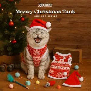 BUKIPET Baju Kucing dan Anjing Natal Meowy Christmas Tank Bahan Premium Cotton Rajut Desain Xmas Menawan dan Menggemaskan Cocok untuk Acara Natal